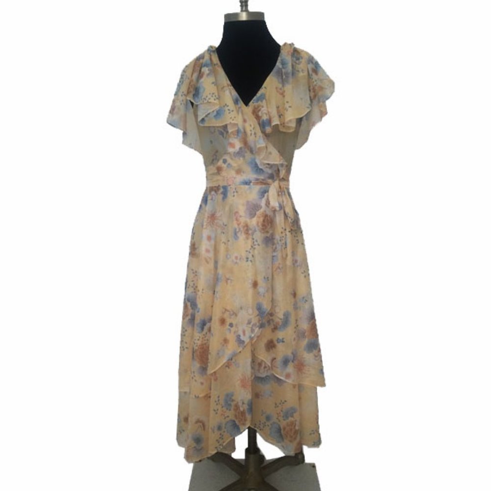 Vtg 70s Watercolor Floral Print Wrap Dress S